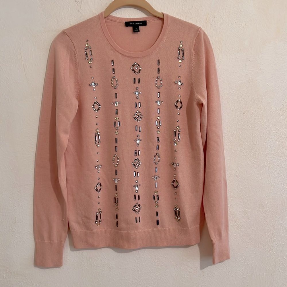 Ann Taylor Pink Wool Blend Long Sleeve Crystal Embellished Sweater Size S